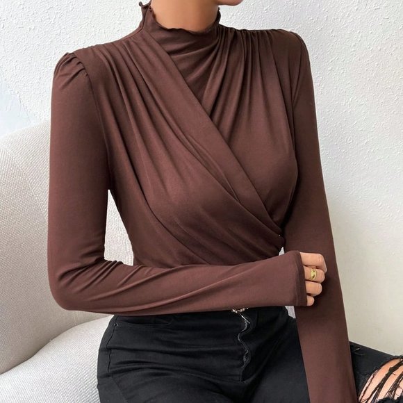 Brown Casual Womens Solid Ruched Mock Neck Tee - Picture 5 of 6